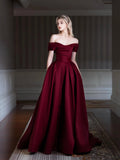 Elegant Satin Floor Length Prom Dress, Burgundy Off the Shoulder Evening Party Dress HZ0429