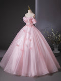 Pink Flower Fairy Tulle Floor Length Formal Dress, Beautiful Off the Shoulder Party Dress HZ0429