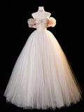 Champagne Tulle Long Prom Dress with Corset, Beautiful Off the Shoulder Party Dress HZ0429