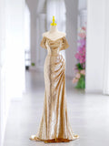 Gold Sequins Long Prom Dress, Off Shoulder V-Neck Evening Party Dress HZ0429