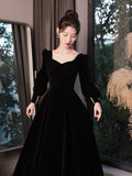 Black Velvet Long Sleeve Formal Dress, A-Line Floor Length Evening Dress HZ0429