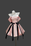 Pink Off-Shoulder Satin Mini Dress with Black Bow Accents ¨C Elegant Party Gown HZ0429