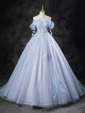 Blue Pearl Tulle Floor Length Prom Dress, A-Line  Off the Shoulder Formal Party Dress HZ0429