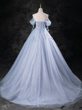 Blue Pearl Tulle Floor Length Prom Dress, A-Line  Off the Shoulder Formal Party Dress HZ0429