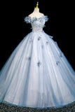 Blue Tulle Flowers Long Prom Dress, Beautiful A-Line Evening Party Dress HZ0429