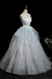 Blue Glitter Lace Flower Prom Dress, Beautiful A-Line Strapless Evening Party Dress HZ0429