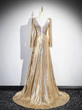 Gold Sequins Prom Party Dress, Shiny Long Sleeve Evening Formal Dress HZ0429
