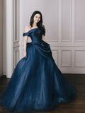Blue Tulle Long Prom Dress, Elegant Off the Shoulder Formal Party Dress HZ0429