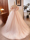 Pink Sweetheart Neck Corset Tulle Prom Dress, A-Line Off the Shoulder Sweet 16 Dress HZ0429