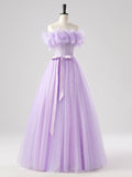 Purple Tulle Floor Length Prom Dress, Beautiful Off the Shoulder Party Dress HZ0429