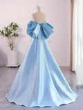 Blue Satin Floor Length Prom Dress with Bow, Beautiful A-Line Party Dress HZ0429