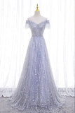 A-Line Tulle Sequins Long Prom Dress, Off the Shoulder Evening Party Dress HZ0429