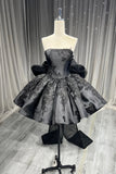 Black Satin Lace Short Prom Dress, Cute A-Line Strapless Evening Party Dress HZ0429