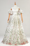 White Tulle Lace Floor Length Prom Dress, A-Line Off the Shoulder Formal Party Dress HZ0429