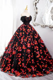 Black Tulle and Red Sequins Long Formal Gown, Off the Shoulder Evening Party Dress HZ0429