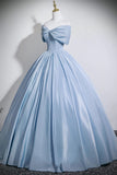 Blue Satin Long Prom Dress with Corset, Off the Shoulder A-Line Evening Party Dress HZ0429
