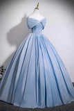 Blue Satin Long Prom Dress with Corset, Off the Shoulder A-Line Evening Party Dress HZ0429