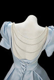 Vintage Light Blue Satin Short Sleeve Mini Dress - Square Neck A-Line Party Gown HZ0429