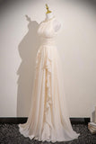 Champagne Chiffon Long Prom Dress, Elegant Halter A-line Evening Party Dress HZ0429