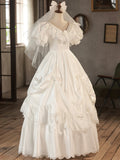 White V-Neck Satin Long Prom Dress, Lace Wedding Dress HZ0429