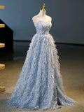 Blue A-Line Strapless Floor Length Prom Dress, Blue Evening Party Dress HZ0429