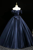Navy Satin Off-Shoulder Ball Gown with Bow Detail, Elegant A-Line Party Dress HZ0429