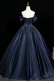 Navy Satin Off-Shoulder Ball Gown with Bow Detail, Elegant A-Line Party Dress HZ0429