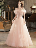 Pink Tulle Lace Long Prom Dress with Feathers, Off Shoulder Pink Evening Dress HZ0429