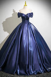 Navy Satin Long Prom Dress, A-Line Off the Shoulder Party Dress HZ0429