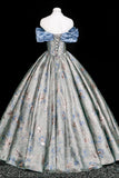 Elegant Blue Floral Jacquard Corset Gown, Sweetheart Neck Puffy Sleeve Formal Dress for Party Prom HZ0429