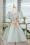 Light Green Satin Lace Short Prom Dress, A-Line Short Sleeve Party Dress HZ0429