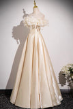 Champagne Satin Flowers Long Prom Dress, Off the Shoulder A-Line Party Dress HZ0429