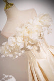 Champagne Satin Flowers Long Prom Dress, Off the Shoulder A-Line Party Dress HZ0429