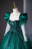 Green Tulle Beads Long Prom Dress, A-Line Long Sleeve Formal Party Dress HZ0429