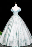 Elegant Blue Pearl Printing Long Prom Dress, A-Line Off the Shoulder Party Dress HZ0429