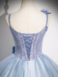 Blue Tulle Lace Floor Length Formal Dress, A-Line Spaghetti Strap Backless Evening Party Dress HZ0429