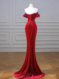 Burgundy Velvet Sequins Long Prom Dress, Mermaid Off the Shoulder Party Dress with Slit HZ0429