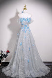 Silver Sequins and Blue Butterfly Long Prom Dress, Beautiful A-Line Evening Party Dress HZ0429