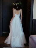 White Tulle Long A-Line Prom Dress, White Floor Length Evening Formal Dress HZ0429