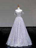 Gray Tulle Sequins Long Prom Dress, Beautiful Off the Shoulder Party Evening Dress HZ0429