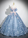 Blue Flower Fairy Tulle Floor Length Formal Dress, Beautiful Off the Shoulder Party Dress HZ0429
