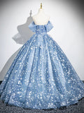 Blue Flower Fairy Tulle Floor Length Formal Dress, Beautiful Off the Shoulder Party Dress HZ0429