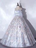 Gray Tulle and Floral Long Prom Dress, Beautiful A-Line Corset Evening Party Dress HZ0429