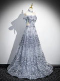 Gray Tulle Sequins Long Prom Dress, Off the Shoulder Evening Party Dress HZ0429
