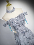 Gray Tulle Sequins Long Prom Dress, Off the Shoulder Evening Party Dress HZ0429