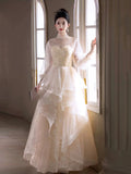 Champagne Tulle Beads Long Prom Dress, Beautiful Long Sleeve Evening Party Dress HZ0429
