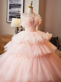 Pink Tulle Layers Ruffles Long Prom Dress, Beautiful Sweet 16 Dress Party Dress HZ0429