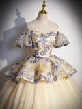 Champagne Floral Tulle Long Formal Dress, Off the Shoulder A-Line Evening Party Gown HZ0429