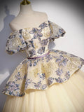 Champagne Floral Tulle Long Formal Dress, Off the Shoulder A-Line Evening Party Gown HZ0429