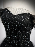 Black Tulle Beaded Floor Length Prom Dress, Black A-Line Off-Shoulder Evening Party Dress HZ0429